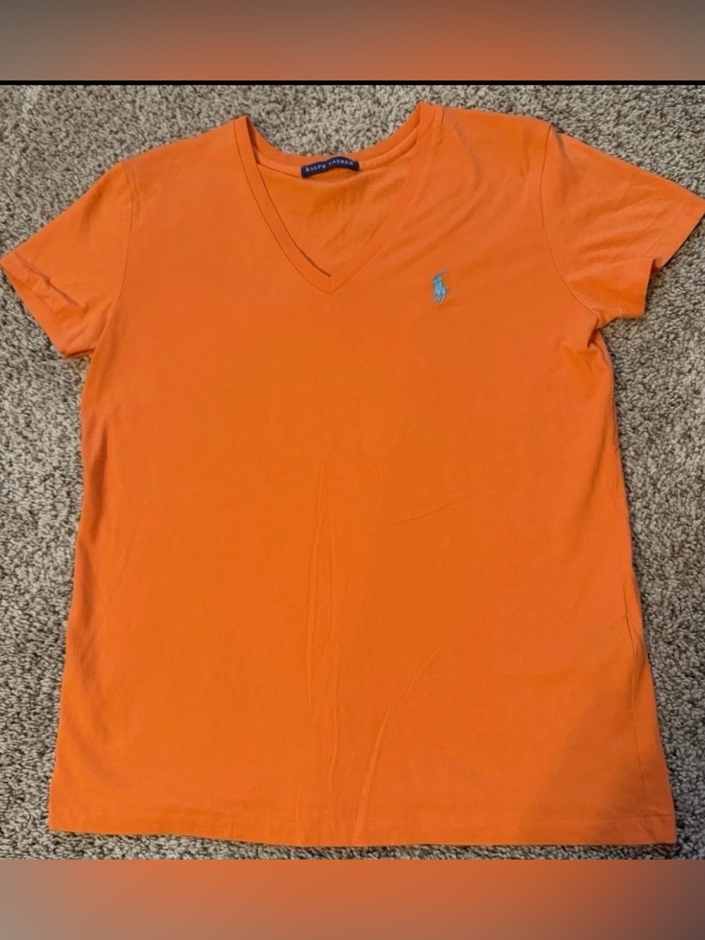 Women’s Ralph Lauren V-neck Teal Logo Shirt Top Tee Orange Size Check Pictures